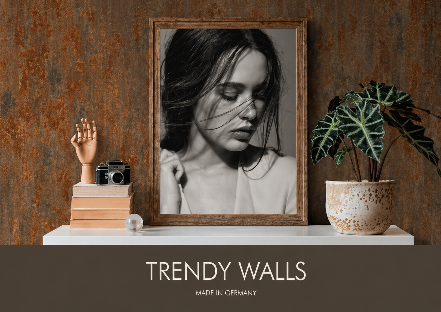 Framed portrait with decorative elements.